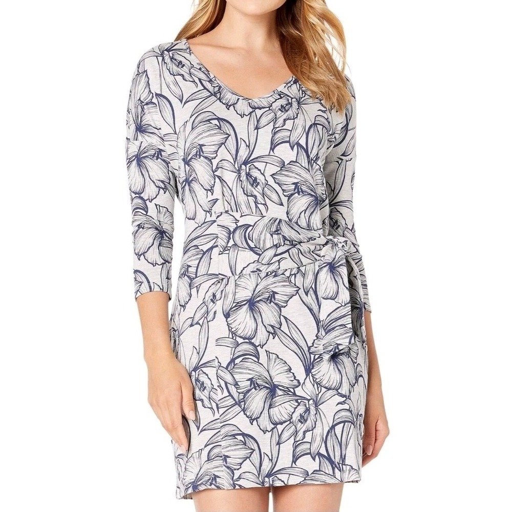 Tommy Bahama Navy Gray Tropical Floral Print Side Tie 3/4 Sleeve Knit Dress Sz M